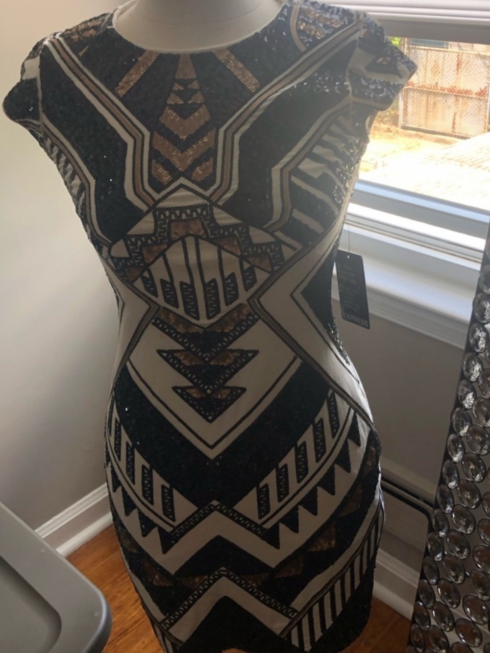 Express Sequin Geometric Tank Dress in Black, White & Gold